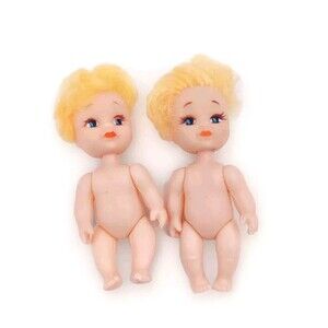 2 Vintage Dolls Approx 3.5" Plastic Blonde Hair Blue Eyes Unmarked Unbranded Toy